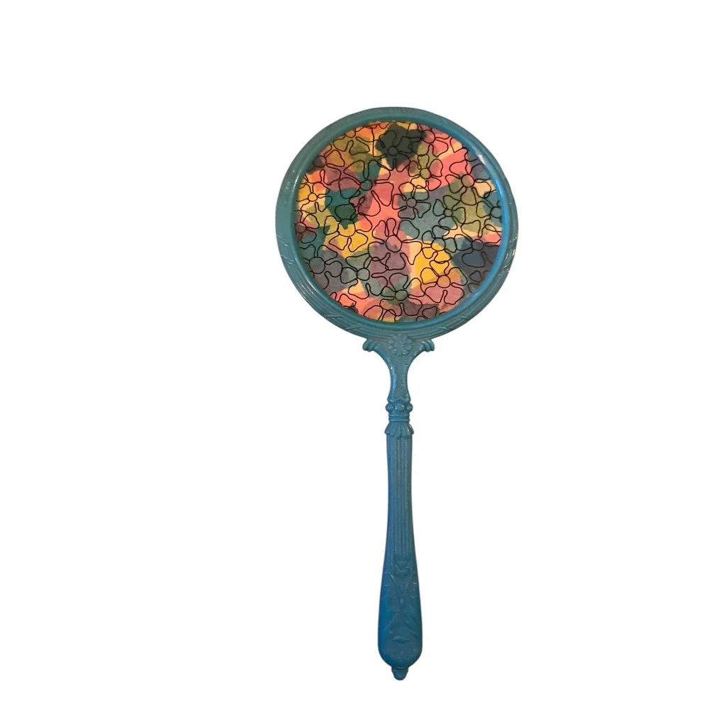 Vtg 60s Teal Blue Hand Mirror Floral Stained Glass Pattern Ornate Handle Retro